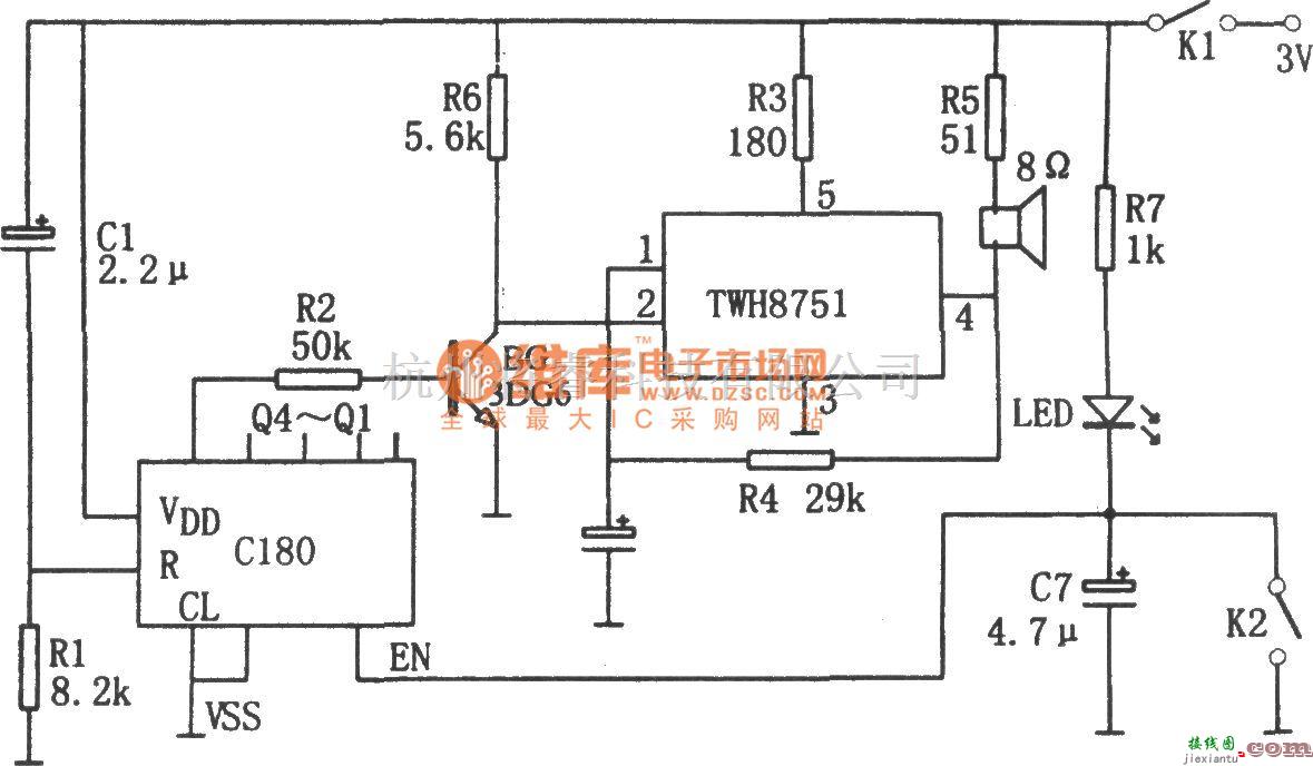 语音电路中的135卷片报位器(C180、TWH8751)电路图  第1张