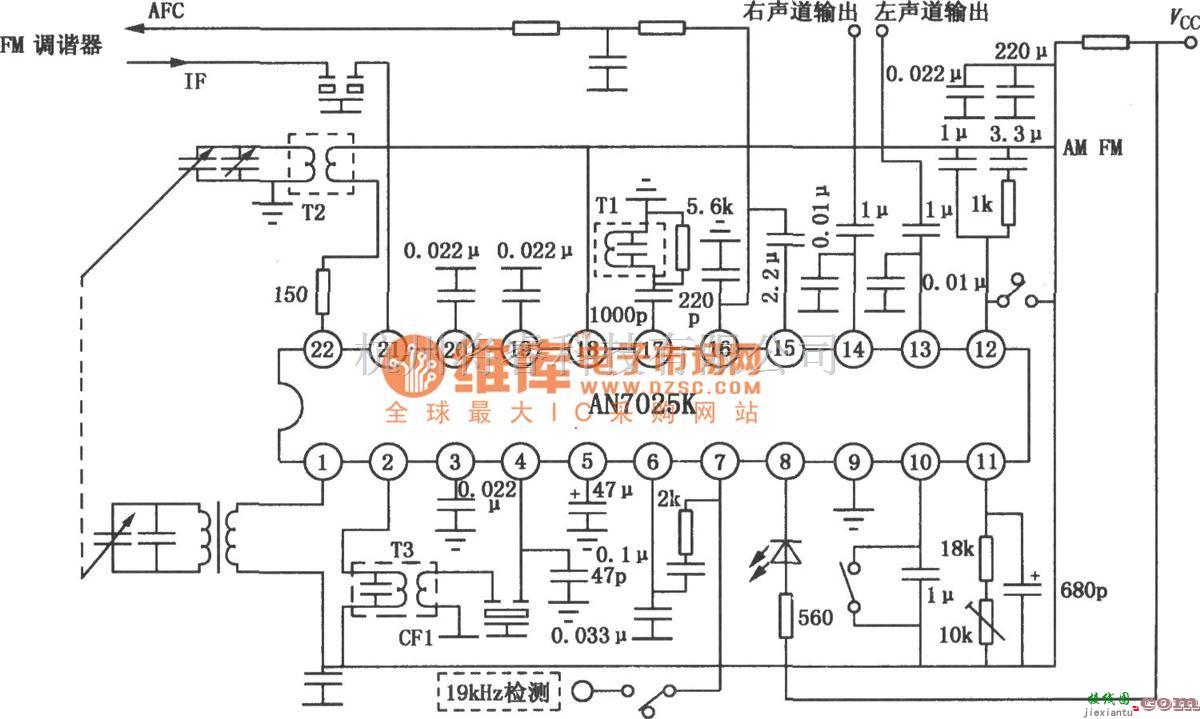 语音电路中的AN7025K/7025S AM/FM立体声收音机电路图  第1张