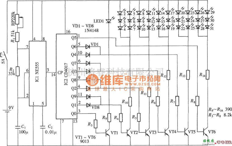 数字电路中的由CD4017、NE555组成的电子装饰孔雀开屏电路图  第1张