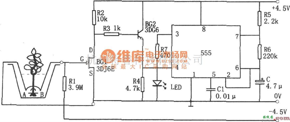 语音电路中的555构成的花盆缺水告知器电路图  第1张