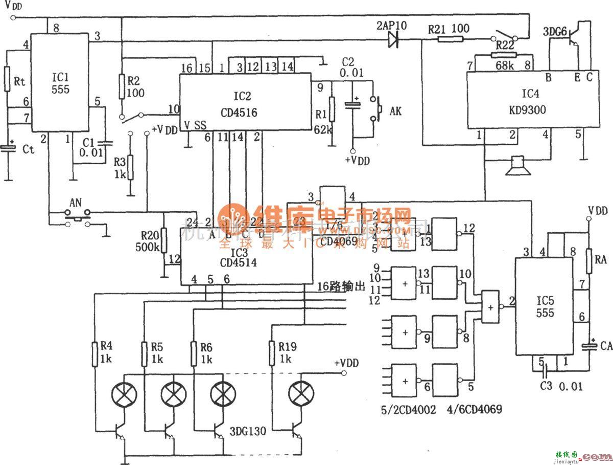 语音电路中的公共汽车站途指示器(CD4516、CD4514、555、KD9300)电路图  第1张