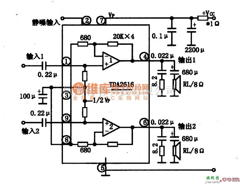 集成音频放大中的TDA2616高保真双声道功放集成电路图  第3张