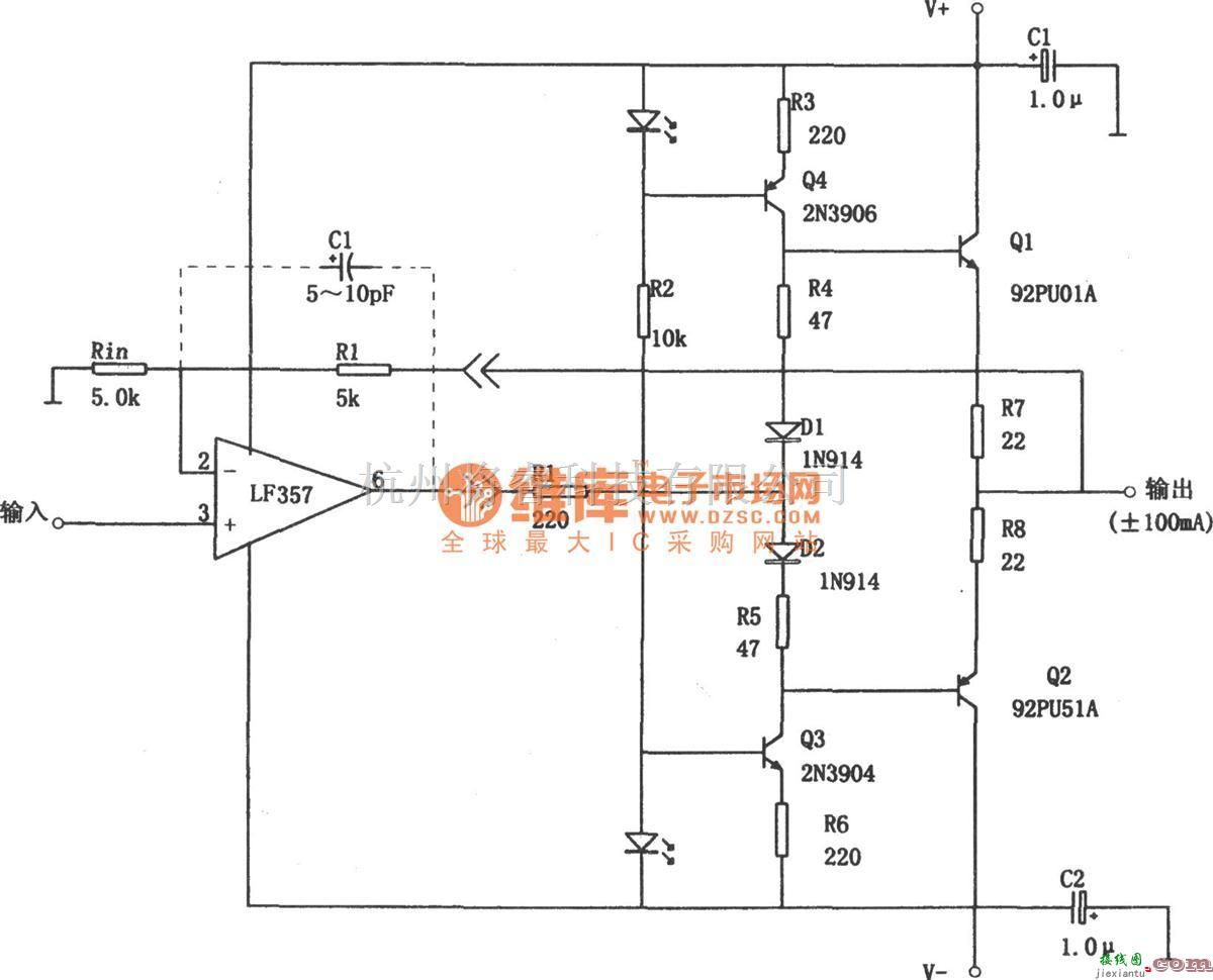 音频处理中的±100mA输出电流缓冲器(LF357)电路图  第1张