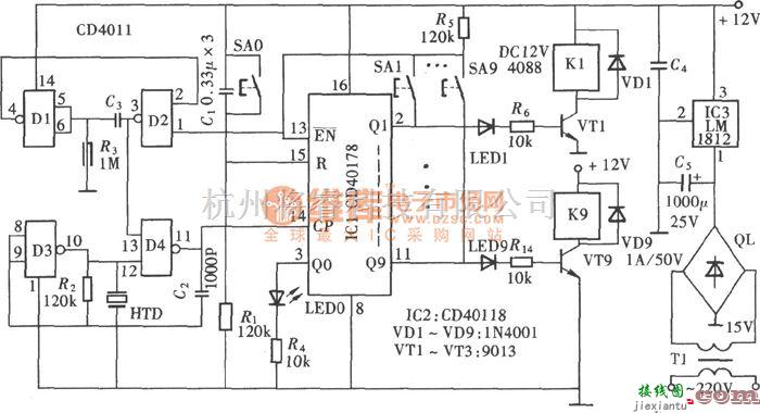 开关电路中的带声光指示功能的十挡互锁开关(CD4011、LM1812)电路图  第1张