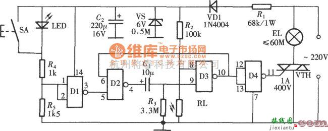 开关电路中的轻触式光控延时节电开关电路图  第1张