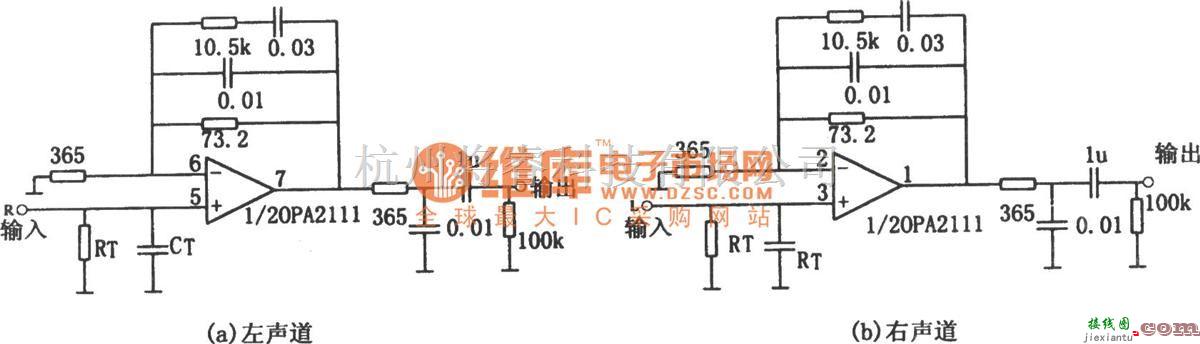 集成音频放大中的OPA2111构成的均衡立体声前置放大电路图  第1张