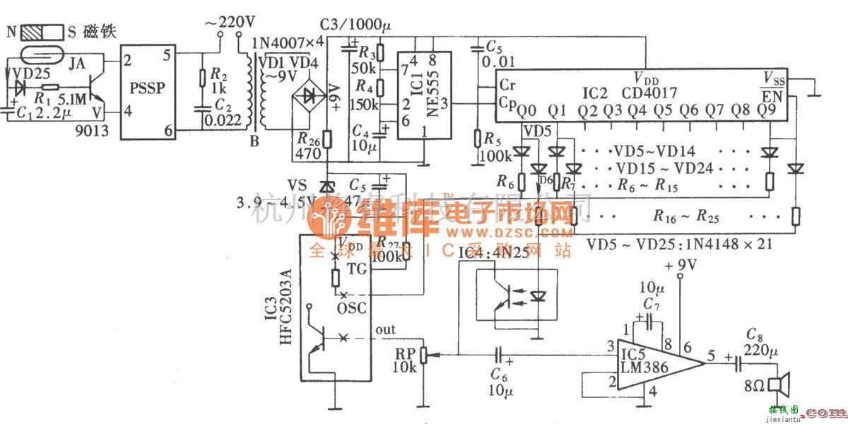 语音电路中的音量渐增式关门提醒器(CD4017、LM386)电路图  第1张