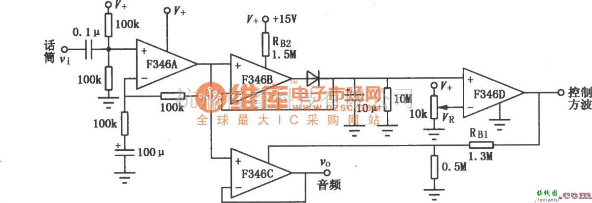 集成音频放大中的F346构成的程控运放音频启动开关放大电路图  第1张