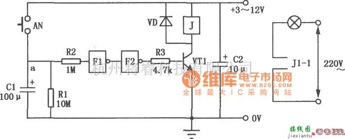 开关电路中的反相器组成的照明延时开关电路图  第1张