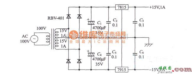 稳压电源中的使用三端稳压器的双极性稳压电源电路图  第1张