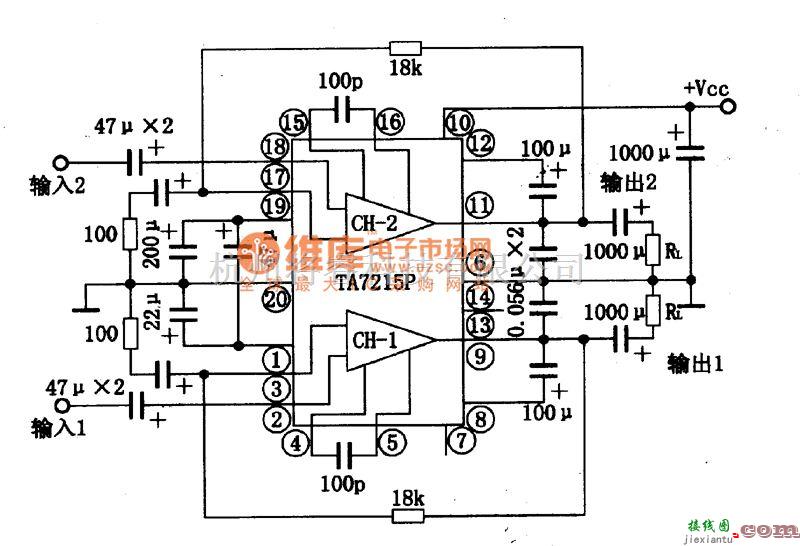 集成音频放大中的TA7215P双音频功率放大集成电路图  第1张