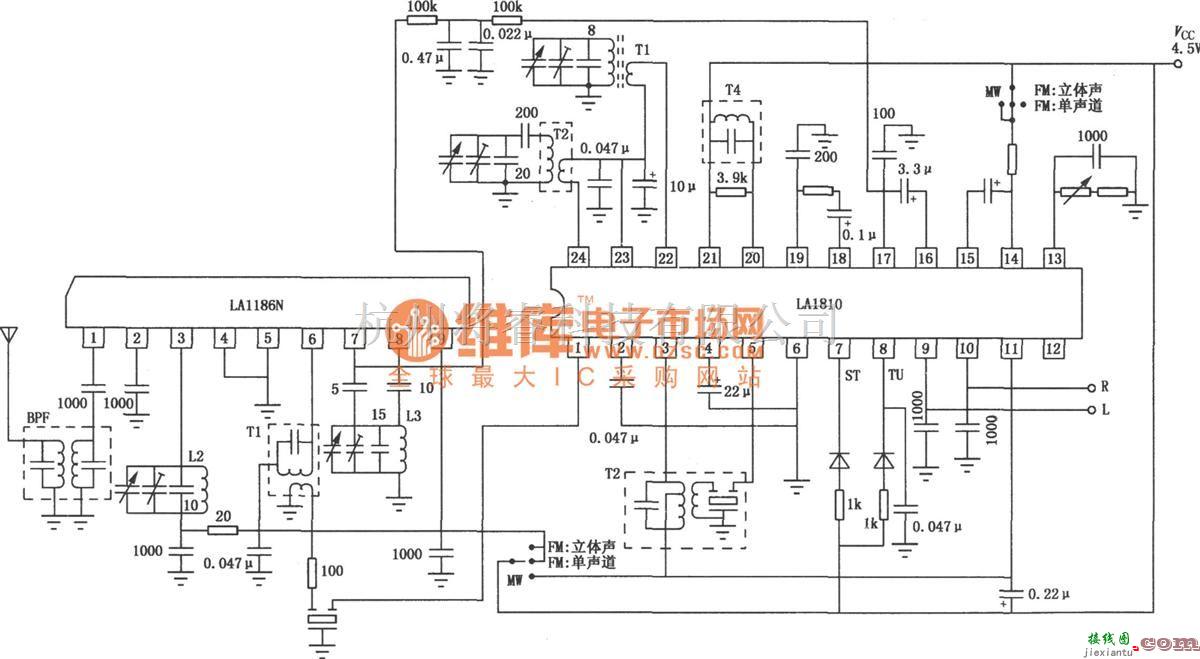 语音电路中的LA1810／1811 AM/FM立体声收音机电路图  第1张