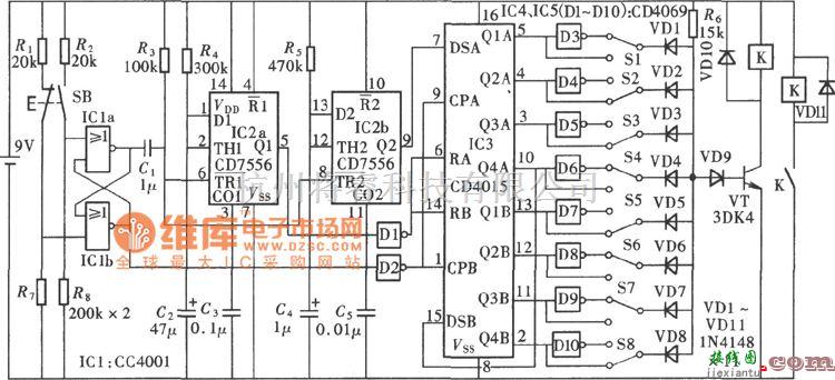 开关电路中的只用一个按键的密码锁(CD7556)电路图  第1张