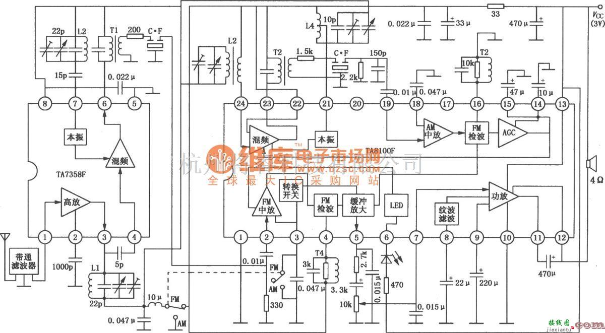 语音电路中的TA8100N／8100F FM／AM单片收音机电路图  第1张