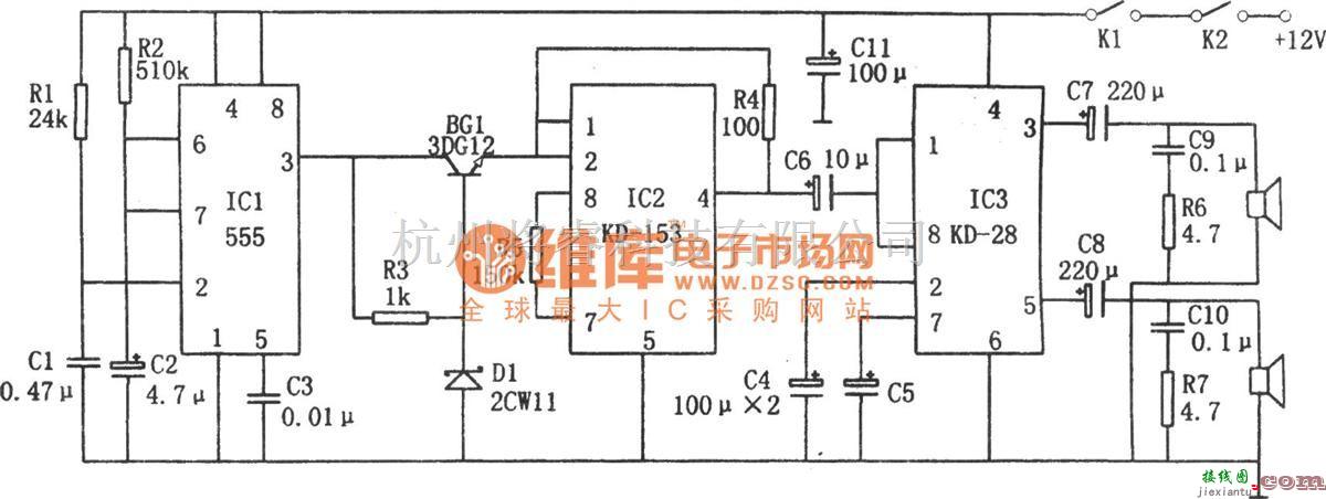 语音电路中的公共汽车关门自动通报器(555、KD153、KD28)电路图  第1张