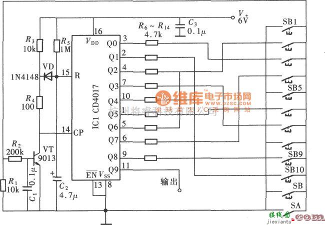 开关电路中的由CD4017组成的九位数字密码控制器电路图  第1张