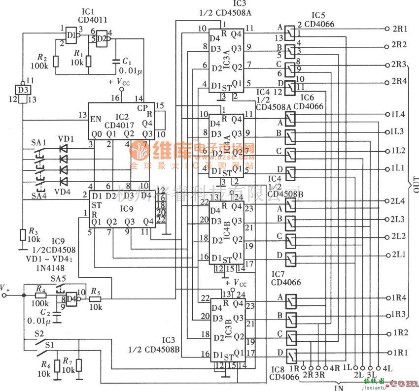 开关电路中的四路输人／输出音频切换开关(CD4017、CD4066)电路图  第1张