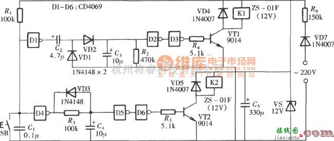 开关电路中的由CD4069组成的单按钮控制的双路电源开关电路图  第1张