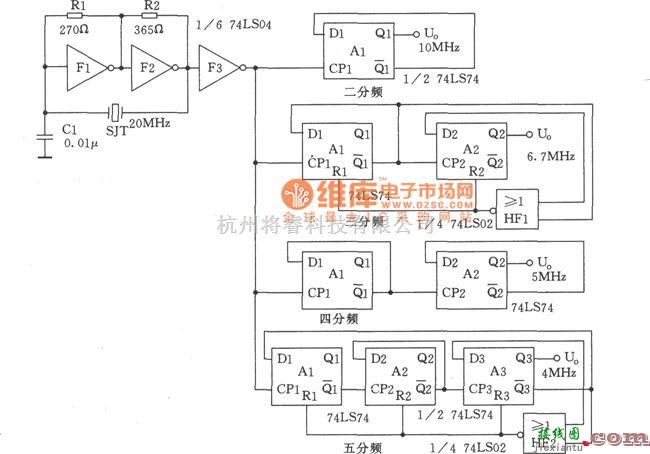 多种频率信号中的晶体振荡器与分频器(74LS04)电路图  第1张