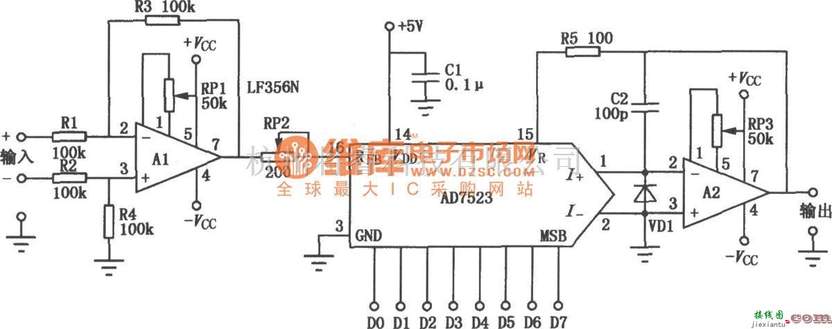 音频处理中的AD7523构成的可编程增益放大电路图  第1张