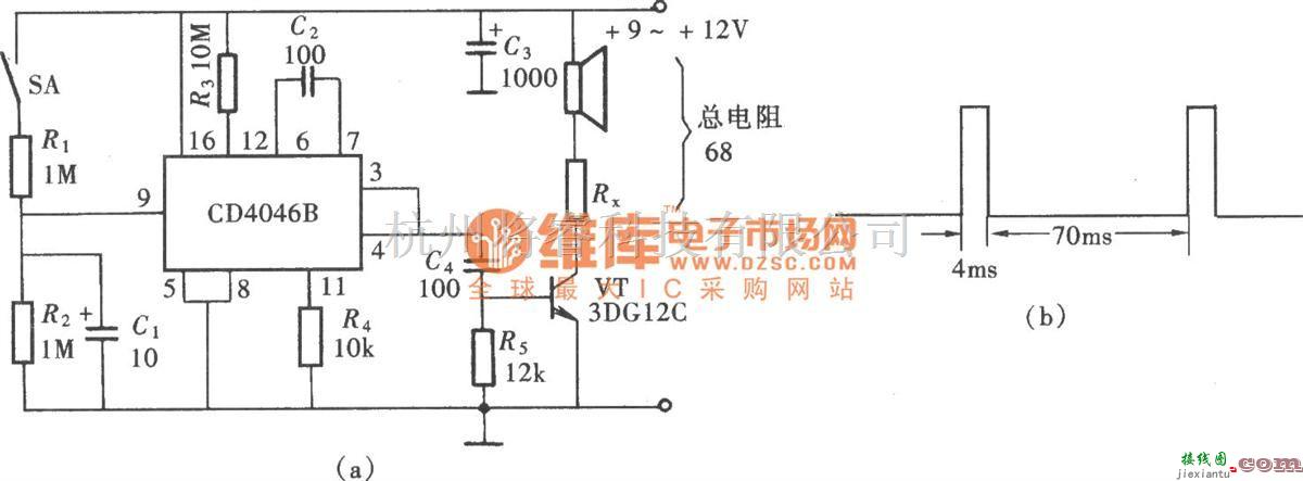 语音电路中的用CD4046组成的报警声发生器电路图  第1张