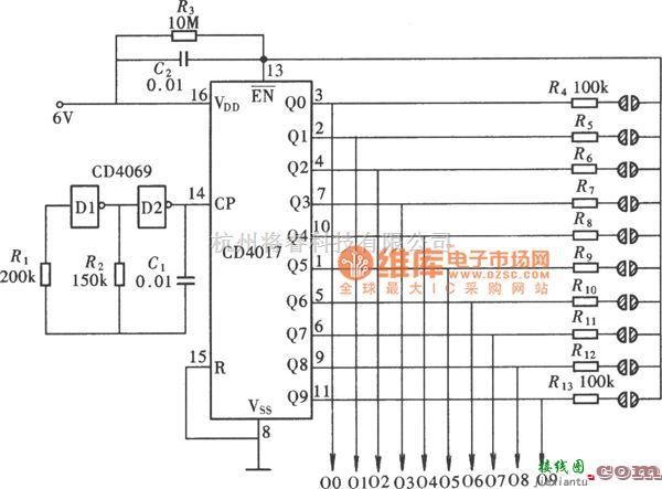 开关电路中的双五挡电子开关控制器(CD4015、NE555)电路图  第1张