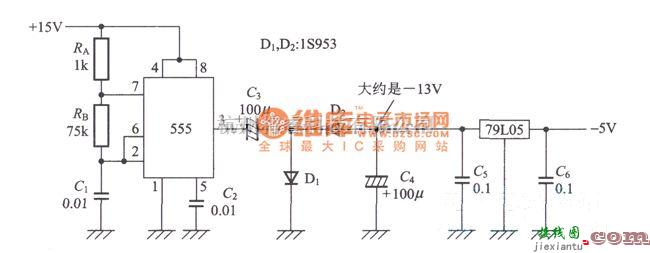 稳压电源中的从+15V电源获得准确的-5V的电路图  第1张