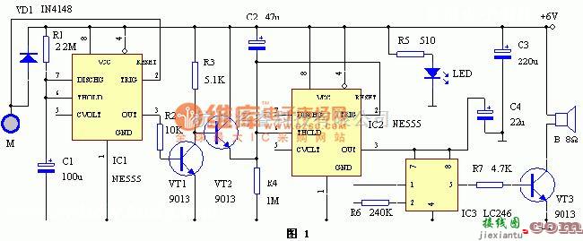 报警控制中的NE555构成的具有时间识别功能的门锁报警器电路图  第1张