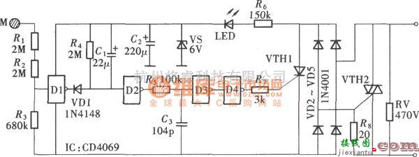 开关电路中的由CD4069组成的触摸式卫生间排气扇延时开关电路图  第1张