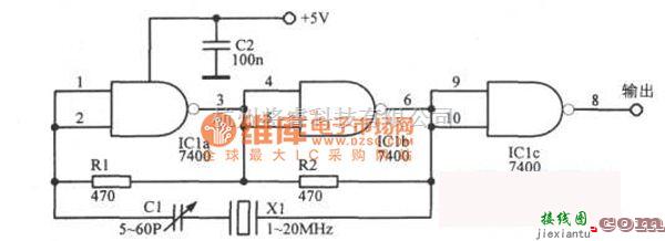 多种频率信号中的“与非”门TTL晶体振荡器电路图  第1张