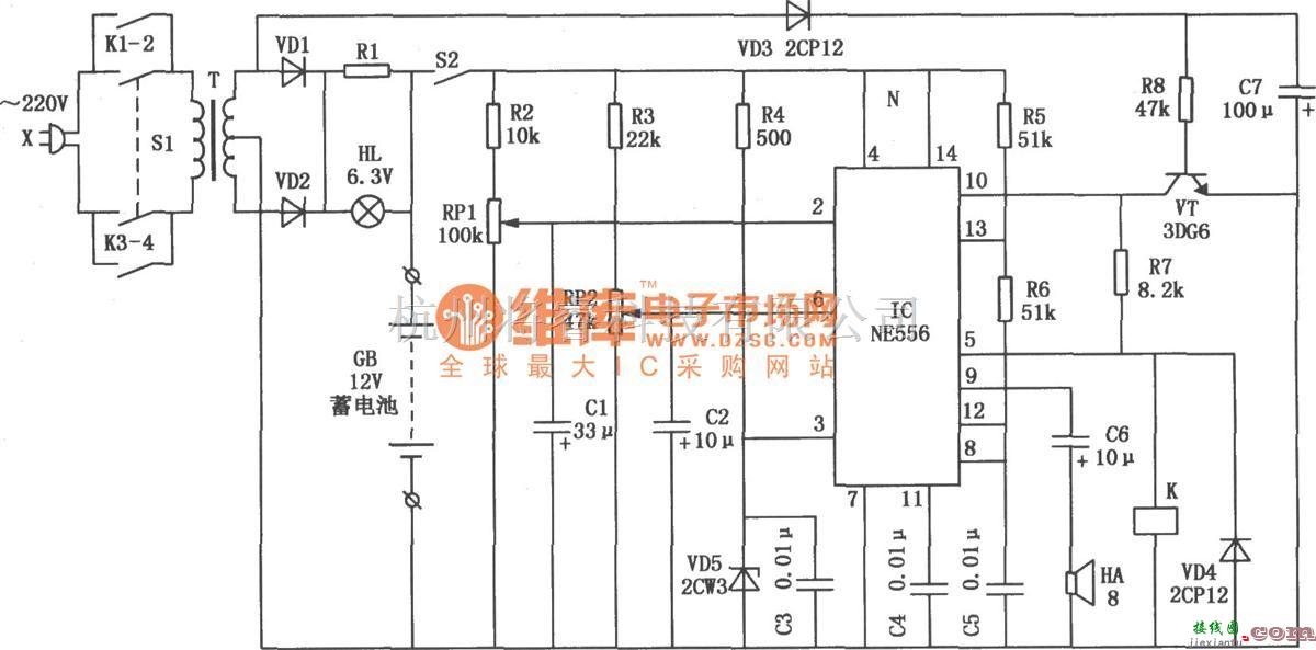 充电电路中的NE556构成的发电机启动蓄电池的全自动监控电路图  第1张