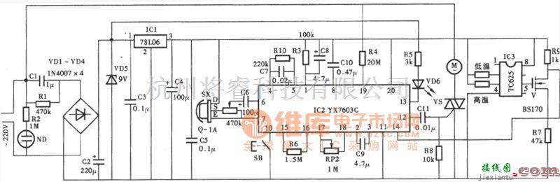 遥控电路（综合)中的人体控制电风扇电路图  第1张