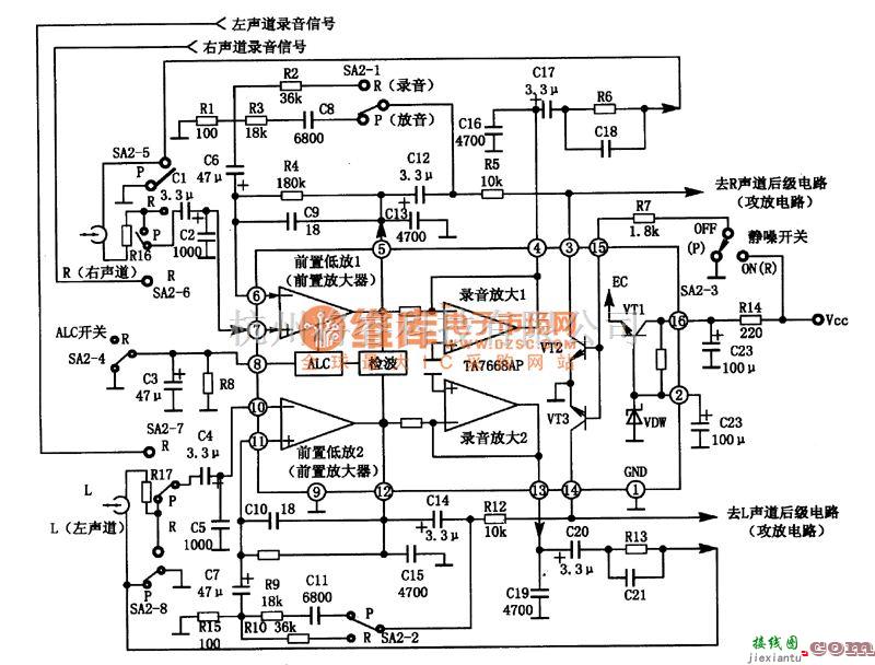 语音电路中的TA7668录音、放音双通道前置放大集成电路图  第1张