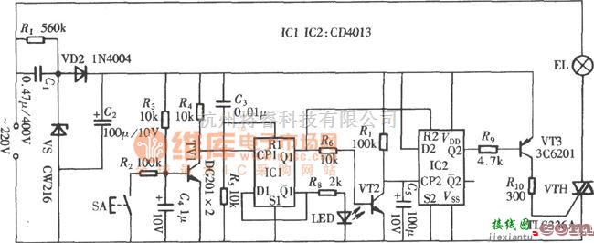 开关电路中的由CD4013组成的轻触式延时开关电路图  第1张