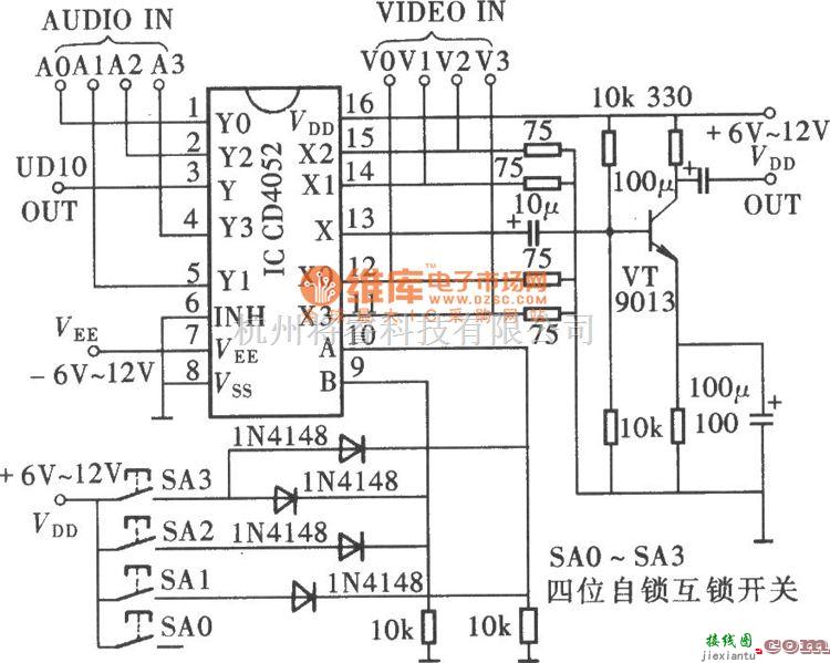 开关电路中的四通道A／V转换电路(CD4052)电路图  第1张