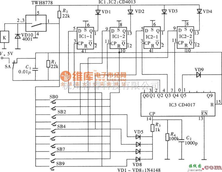 开关电路中的十位数字密码开关(CD4013、CD4017)电路图  第1张