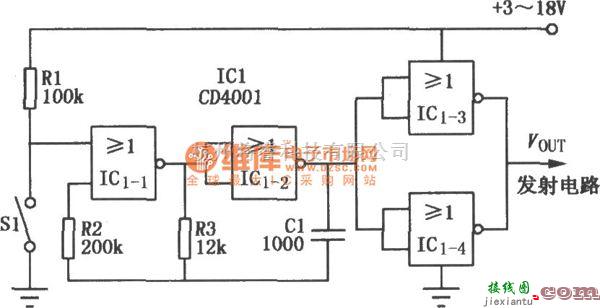 遥控发射中的CD4001组成的单通道调制器电路图  第1张