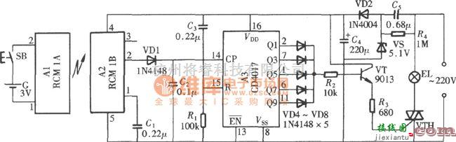 开关电路中的(CD4017、RCM1) 无线电遥控照明开关电路图  第1张