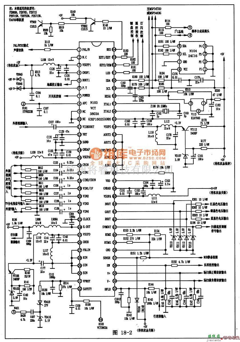 遥控电路（综合)中的VCT3803A一OlA　新型超级电视单片集成电路图  第3张