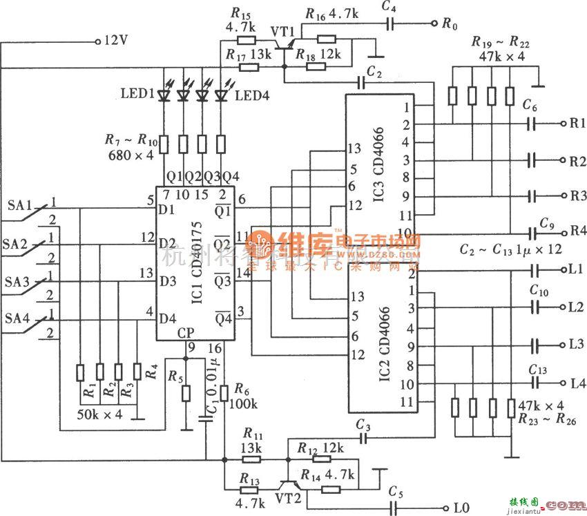 开关电路中的由CD40157、CD4066组成的四路电子切换开关电路图  第1张