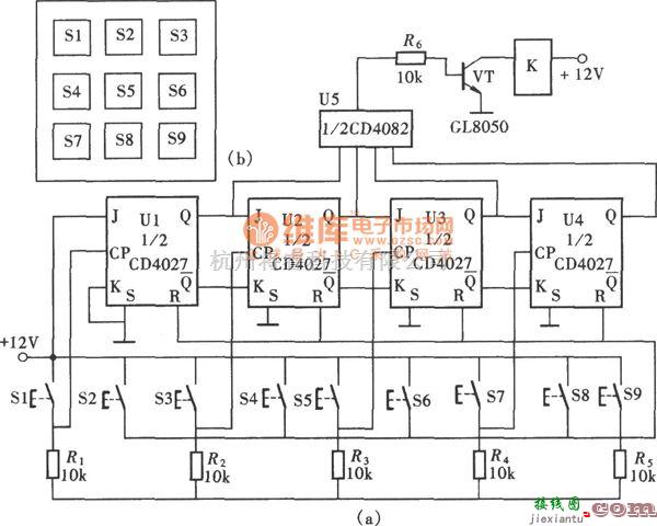 开关电路中的由CD4027组成的九位按键密码锁电路图  第1张