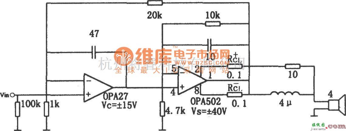 集成音频放大中的OPA502构成的高保真组合音响放大器电路图  第1张