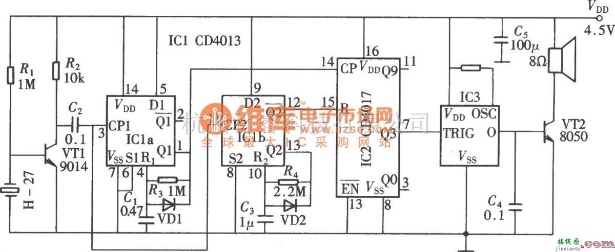 语音电路中的敲击式门铃电路(CD4013、CD4017)电路图  第1张