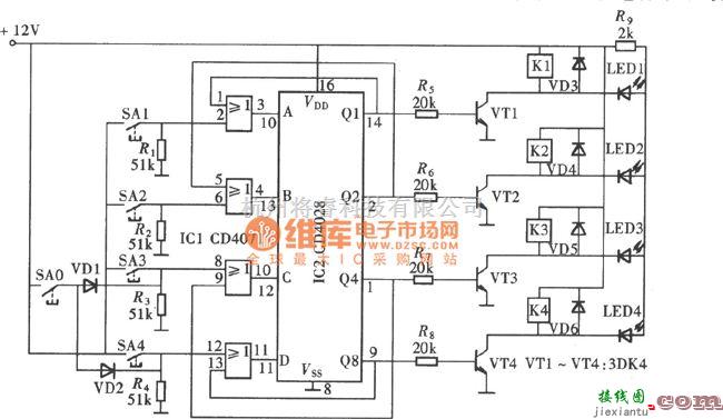 开关电路中的四路互锁开关电路一(CD4028)电路图  第1张