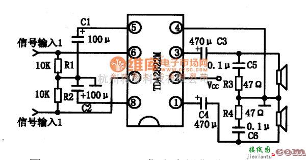 集成电路构成的信号产生中的14-6TDA2822M 集成块的典型应用电路图  第2张