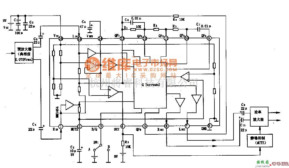 电源电路中的MM1454--虚拟环绕立体声Q  Surround处理集成电路图 第1张