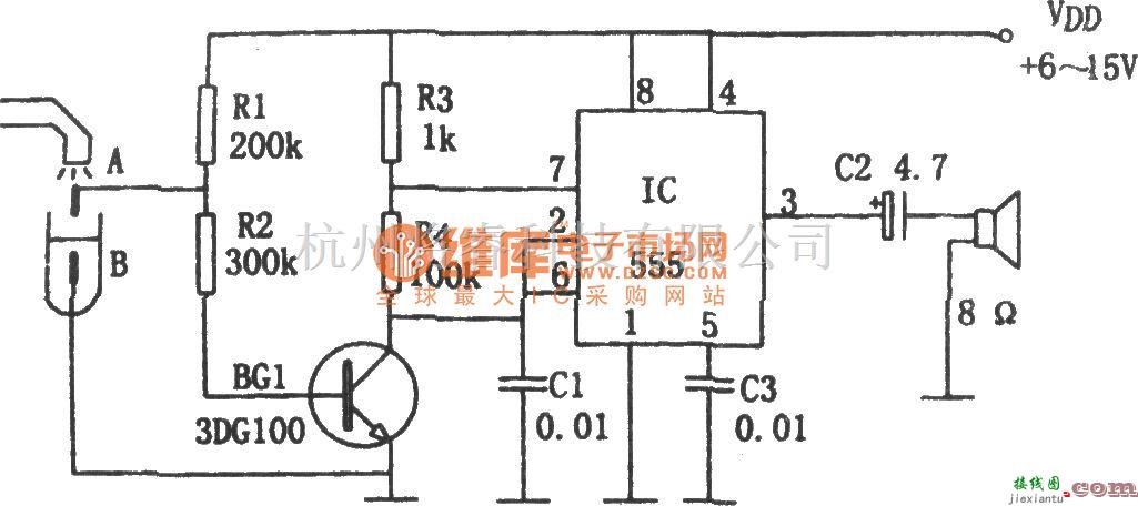 语音电路中的555构成的水满告知器电路图  第1张