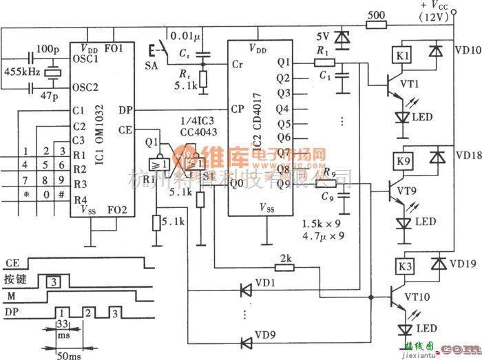 开关电路中的琴键式电子开关电路(OM1032、CD4043、CD4017)电路图  第1张