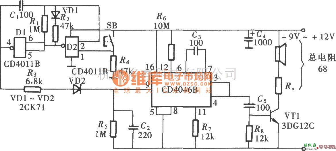 语音电路中的用CD4046组成的相移式报警声发生器电路图  第1张