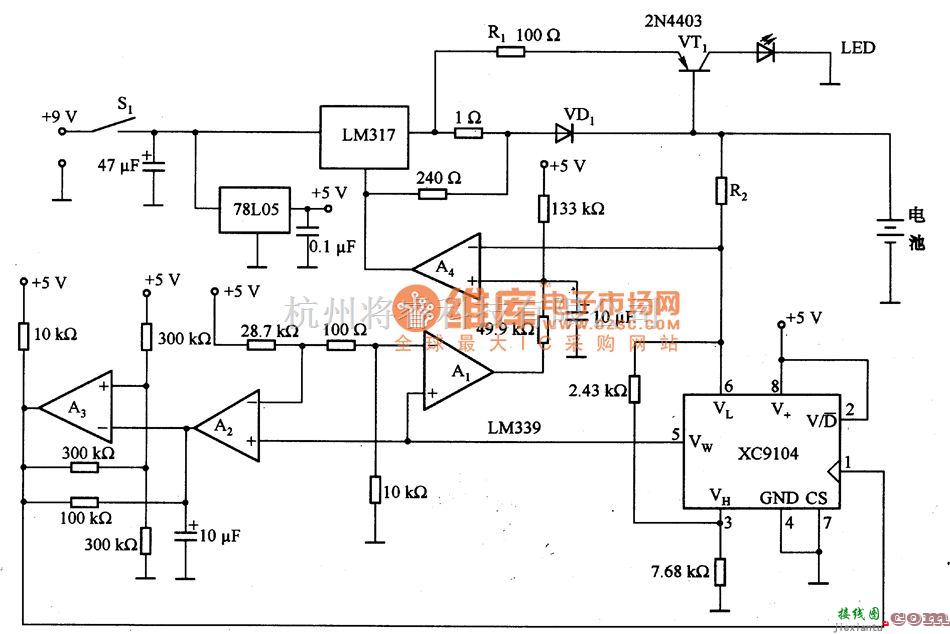 充电电路中的由数字电位器XC9104等构成的电池快速充电器电路图  第1张